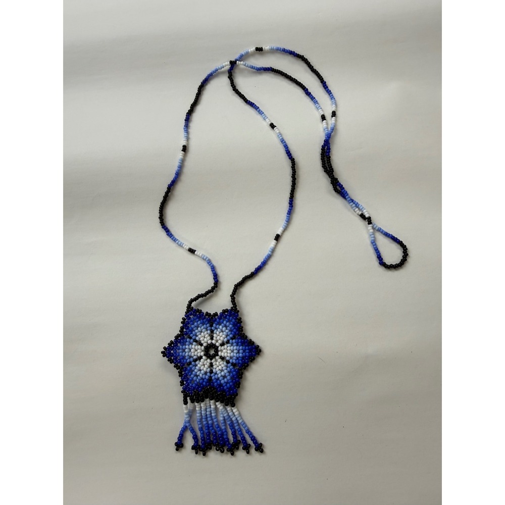 Handmade Beaded Long Statement Artisanal Necklace Blue Black White New
